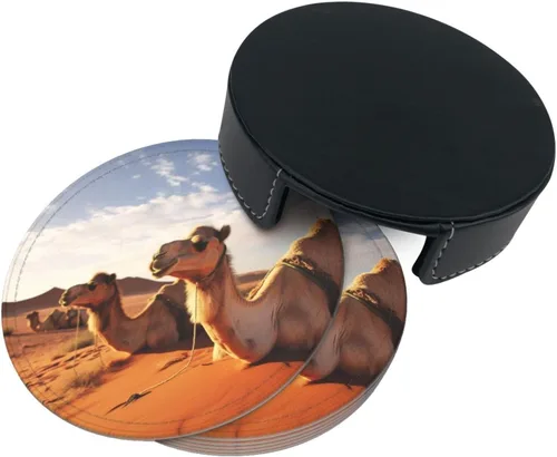 Vista 4 de Camels Rest Desert Printing Coasters for Drinks Set of 6 Leather Drink Coasters Round Cup Mat Pad Durable and Non Slip Leather Coaster for Home