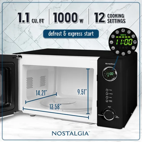 Vista 2 de Nostalgia Retro - Horno de microondas de encimera, 1.1 pies cúbicos y 1000 vatios de potencia, fácil de limpiar con plato giratorio de vidrio
