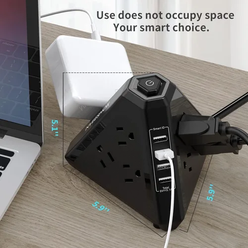 Vista 3 de Regleta protectora contra sobretensiones, salida triangular de 3 lados con 9 salidas de CA múltiples 4 puertos USB, cable de extensión de 6.5 pies