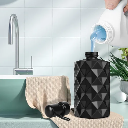 Vista 4 de 12oz Matte Black Soap Dispenser Bathroom, Black Kitchen Soap Dispensers with Stainless Steel Pump & Non-Slip Protective Silicone Pad, Black Glass
