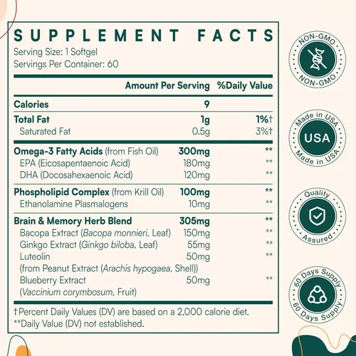 Vista 6 de Suplemento de enfoque de memoria, apoyo cerebral con omega-3, bacopa y plasmalógenos para una función cognitiva mejorada, concentración y memoria
