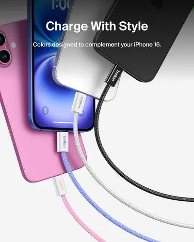 Vista 3 de Belkin Cable USB C a USB C, 3.3 pies, 60 W, cargador tipo C, cable de carga para iPhone, suave, trenzado, flexible para iPhone 16, Galaxy S25, Pixel