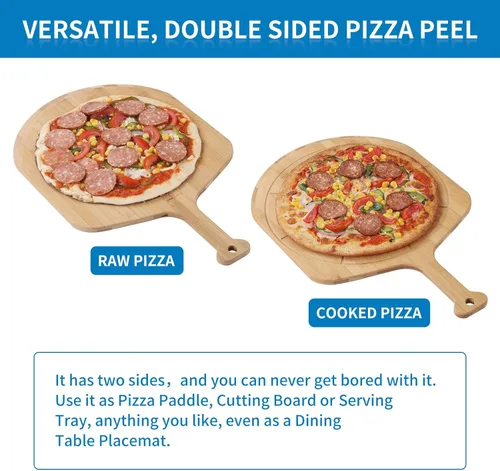 Vista 4 de Fiery Chef Pala de pizza de bambú de 12 pulgadas, tabla de cortar de madera ligera y lisa con 8 ranuras para rebanadas, accesorios para horno