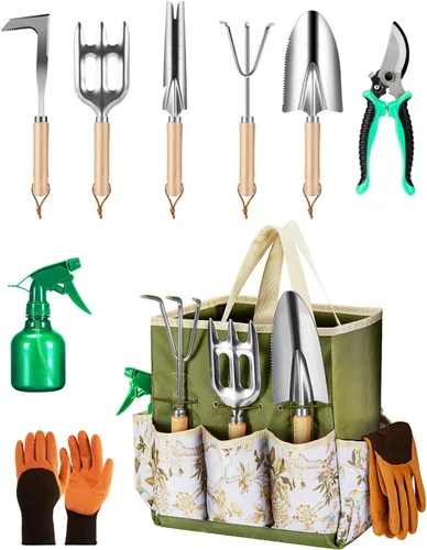 Juego de herramientas de jardín de 9 piezas de alta calidad para mujeres - Herramientas de acero inoxidable resistentes a la oxidación con bolsa de