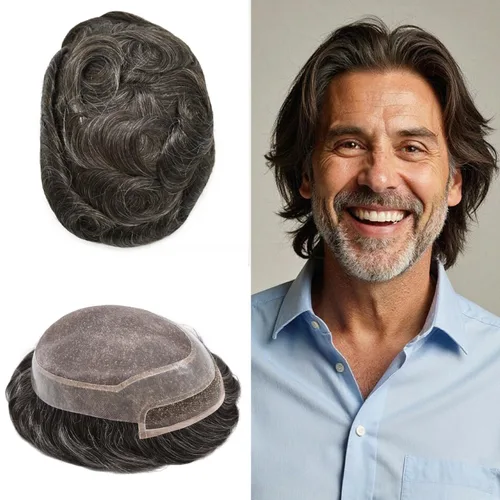 Vista 40 de Toupee - Sistema de cabello humano de repuesto con encaje frontal para hombre, extensiones de pelo tipo tupé mono PU para hombres