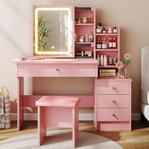 Vista 9 de Memobarco Escritorio de tocador con espejo y luces, tocador de maquillaje con 3 modos de iluminación ajustables, escritorio de tocador pequeño