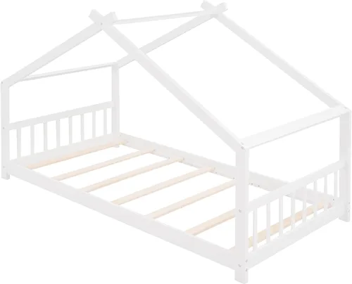 Vista 5 de Cama de casa de tamaño individual, marco de cama de madera con tablas, cabecera y estribo para niños y niñas, no requiere somier, color blanco