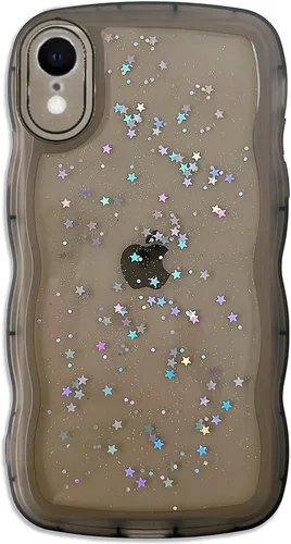 Vista 30 de Qokey para iPhone 14 Plus Funda de 6.7" con diseño de borde ondulado rizado, transparente, con purpurina, brillo, estrellas, brillante, lindo
