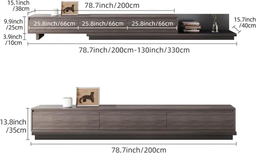 Vista 10 de Soporte de TV extensible moderno Mid-Century con 3 cajones, centro de entretenimiento ajustable para sala de estar y dormitorio (79 a 130 pulgadas)