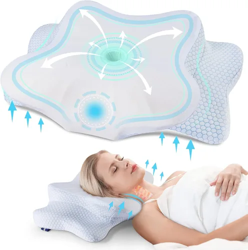 Vista 15 de DONAMA - Almohada cervical para cuello y hombro, almohada de espuma viscoelástica con contorno, almohada ergonómica para el cuello con funda