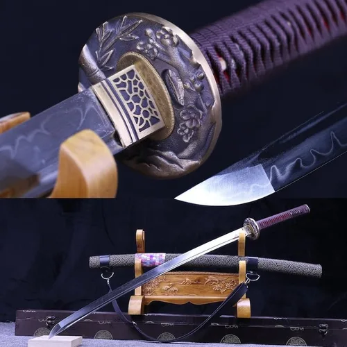 SHZBZB Katana - Espada samurái hecha a mano, 41 pulgadas, arcilla de acero T10, templada, espada samurái de espiga completa