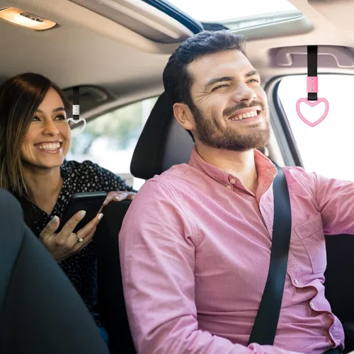 Vista 6 de 2 anillos en forma de corazón, correas para manija de automóvil, dije de deriva para parachoques trasero, anillo de advertencia, decoración