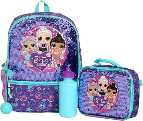 LOL - Juego de mochila de 4 piezas para niña, mochila escolar con lentejuelas y bolsillo frontal con cremallera, 2 bolsillos laterales de malla,