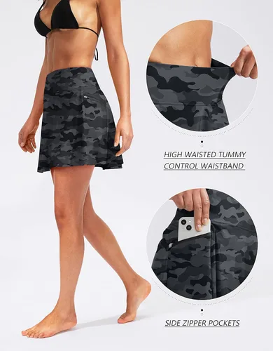 Vista 3 de Falda de natación de cintura alta para mujer con bolsillos con cremallera, control de abdomen, traje de baño tankini