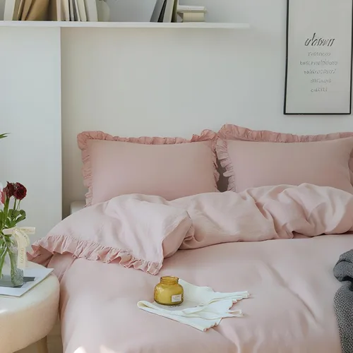 Vista 3 de Simple&Opulence Juego de funda de edredón de 100 % lino, lino francés natural, color rosa rubor con volantes, tamaño individual, funda de edredón