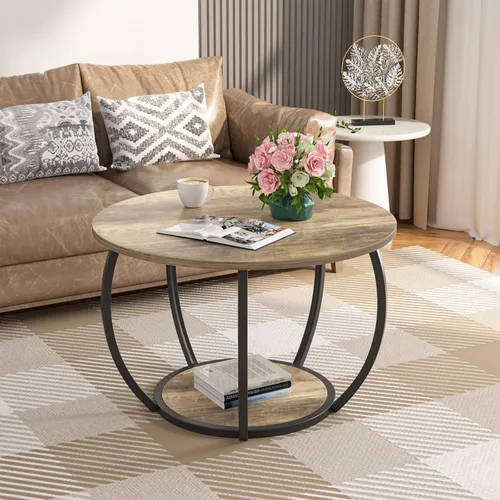 GreenForest Round Coffee Table with 2-Tier Open Storage, 27.6 inch Small Circle Coffee Tables with Adjustable Feet, Modern Mini Center Table for