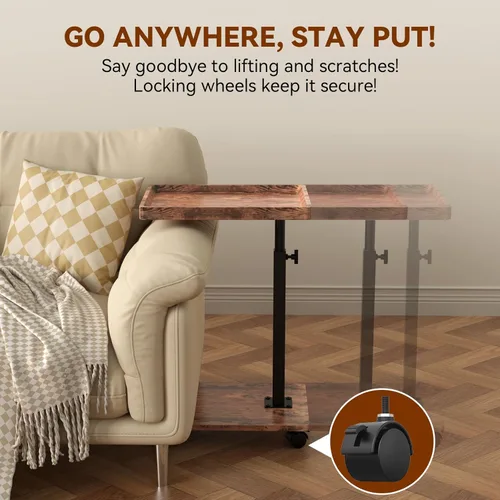 Vista 5 de Mesa auxiliar de mesa C de altura ajustable, mesa giratoria de 360° con ruedas, mesa pequeña para comer, cena, mesas auxiliares en forma de C, sala