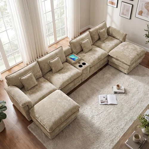 Vista 12 de Sofá modular de gran tamaño de 145 pulgadas, sofá de nube en forma de U, moderno juego de sofá de 6 asientos para sala de estar, cómodo asiento Gris