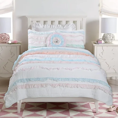 Vista 13 de Cozy Line Home Fashions - Juego de ropa de cama reversible de 100% algodón con volantes, rayas, flores, color amarillo claro y azul para niñas