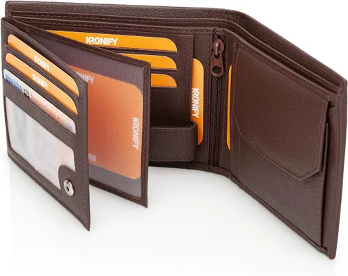 Vista 2 de KRONIFY Leather Wallet Men RFID Blocking Bifold & Trifold Genuine Leather 13 Card Slots Coin Pocket Gift Box Natural Dark Brown