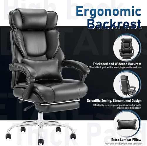 Vista 7 de Silla de oficina con reposapiés, silla ergonómica para computadora con almohada de apoyo lumbar extra, silla de escritorio ejecutiva de respaldo