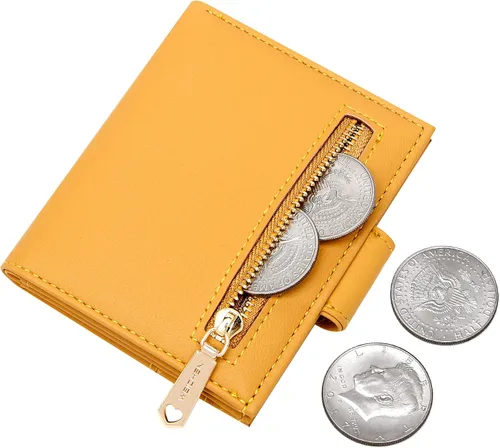 Vista 3 de Badiya Billeteras pequeñas para mujer, billetera plegable multitarjetero delgado con cremallera, Amarillo, Minimalista