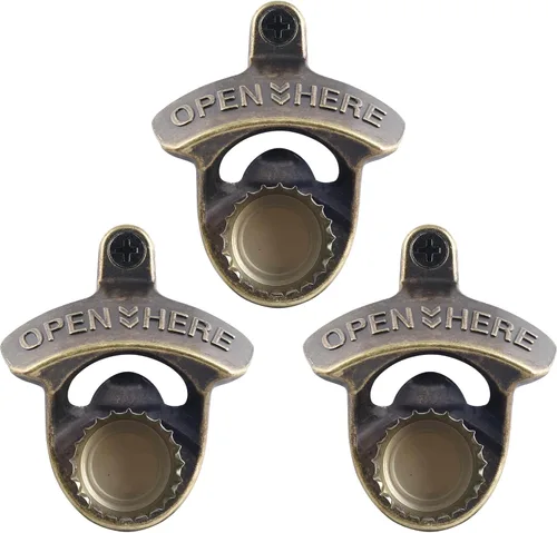 Vista 17 de Abridor de tapas de botellas montado en la pared de bronce antiguo con imanes, soporte de poste magnético retro para abridor de botellas