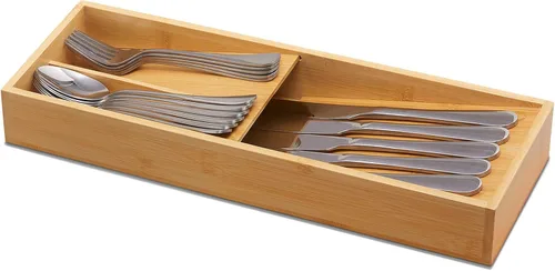Vista 3 de guiogc Organizador de cajones de cubiertos de bambú, bandeja de cubiertos de cocina, soporte para utensilios para cucharas, tenedores, cuchillos