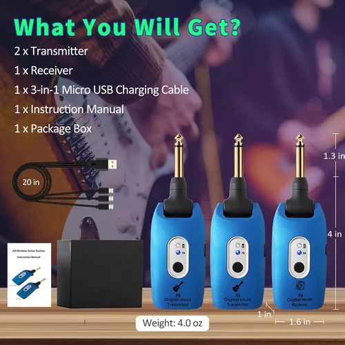 Vista 8 de Sistema de guitarra inalámbrico A9 de 2.4 GHz, batería de litio recargable incorporada, receptor transmisor inalámbrico de audio giratorio de 270 °