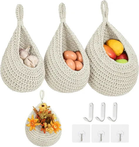 Vista 9 de Canastas colgantes de frutas boho para pared de cocina, paquete de 3, contenedor tejido para productos con 6 piezas de ganchos fuertes, cesta
