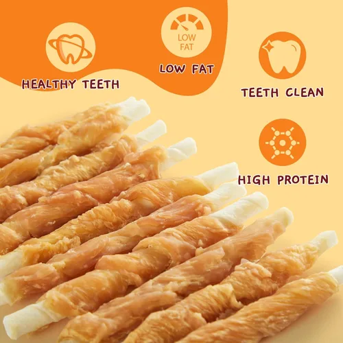 Vista 4 de Jungle Calling Golosinas para perros, palitos de cuero crudo envueltos en pollo para perros, deliciosas y nutritivas golosinas de recompensa