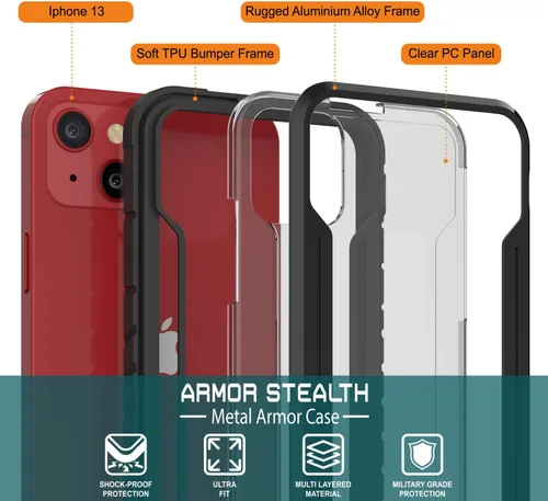 Vista 3 de Punkcase Diseñada para iPhone 13 [Armor Stealth Series] funda protectora de grado militar con marco de aluminio [parte trasera transparente] Máxima