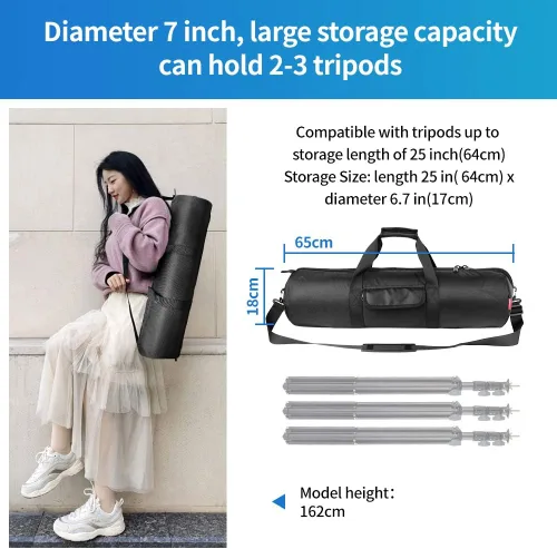 Vista 7 de HEMMOTOP Bolsa para trípode, 25.6 x 7 pulgadas, estuche de transporte para trípode resistente con dos bolsillos con cremallera, bolsa para soporte