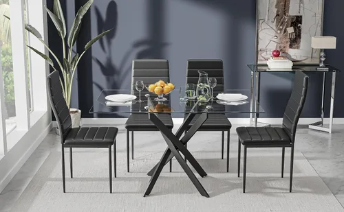 Vista 7 de Mesa de comedor de vidrio templado con patas de metal negro, mesa de cocina rectangular moderna de 47 pulgadas para cocina, comedor, oficina en casa