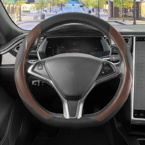 Vista 9 de SEG Direct Funda para volante de coche con fondo plano, forma D, 14 1/2-15 pulgadas (37-39 cm), cuero de microfibra negro