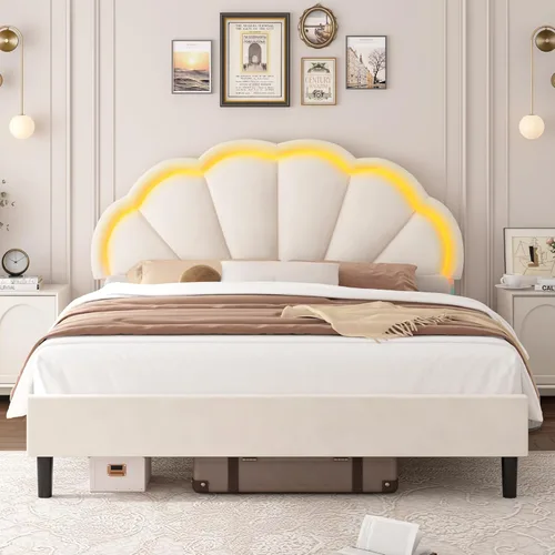 Vista 18 de HIFIT Marco de cama LED inteligente tapizado completo con cabecera ajustable de pétalos elegantes, marcos de cama de plataforma