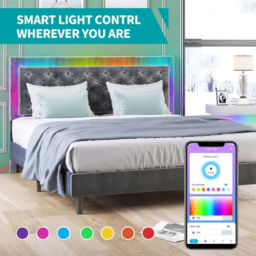 Vista 4 de BALUS Base de cama tamaño King, marco de cama LED RGB de terciopelo con cabecera ajustable, marco de colchón tapizado con cabecera capitonada