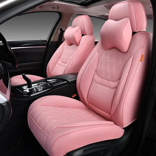 Vista 10 de Fundas de asiento delantero de automóvil, par de fundas de asiento delantero de cuero transpirable con reposacabezas, funda universal de asiento