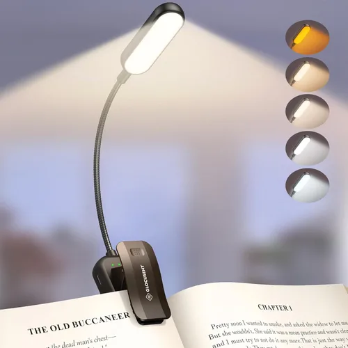 Glocusent Luz de libro de 20 LED para leer en la cama, luz de lectura para el cuidado de los ojos, 5 colores y 5 brillos de 3 a 100 lm regulables,