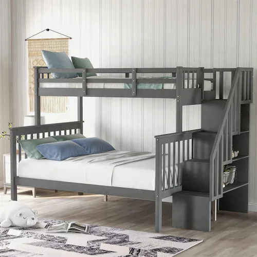Vista 8 de TRIPLE TREE Litera individual sobre matrimonial para niños, marco de cama de madera maciza con barandilla de almacenamiento y protección