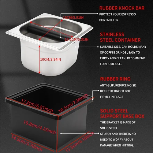 Vista 4 de DIBTSA Caja de café expreso, recipiente de acero inoxidable para discos de café, con soporte de acero y anillo de goma de reducción de ruido