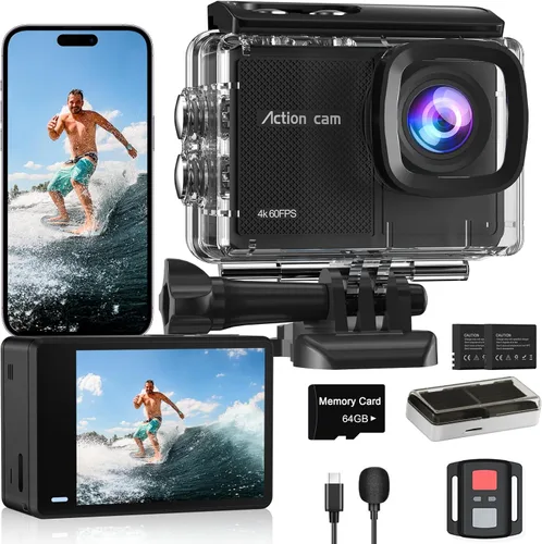 Cámara de acción Camlance 4K 60FPS con tarjeta de 64GB - Cámara impermeable de 48MP, cámara submarina de 40M, zoom de 8X, estabilización EIS, WiFi,