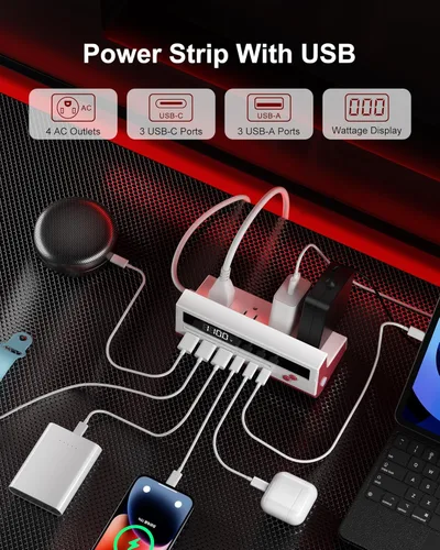 Vista 2 de Estación de carga USB 10 en 1, regleta de alimentación de 4 salidas con 6 USB, cable de extensión de 5 pies de largo, enchufe plano de 45°, estación