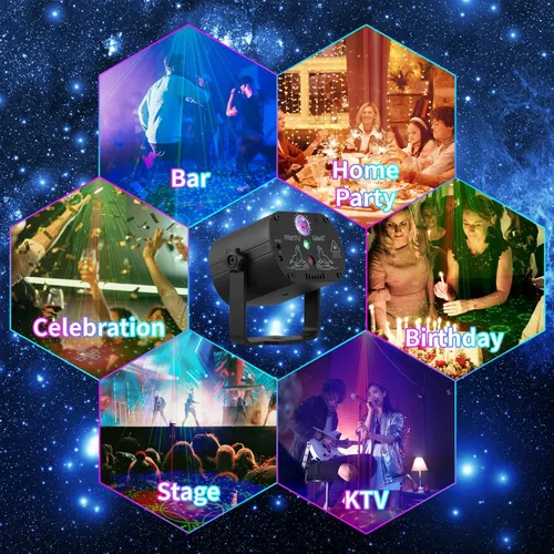 Vista 5 de Luces de fiesta para escenario de DJ Disco, proyector de luz láser LED RGB con flash estroboscópico activado por sonido y control remoto