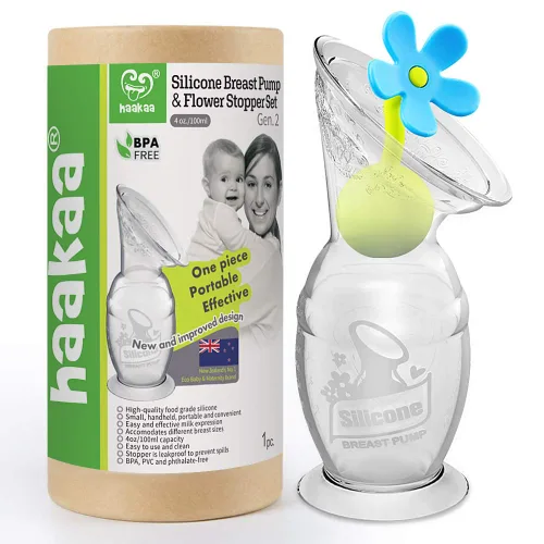 Haakaa Extractor de leche de silicona con base de succión y tapón de flores, 100% silicona de grado alimenticio, sin BPA, PVC y ftalatos (4 onzas