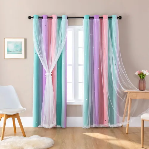 Vista 46 de XiDi Cortinas rosas y grises para dormitorio de niñas, calcomanías de pared de unicornio, cortina verde, cortinas de oscurecimiento de habitación