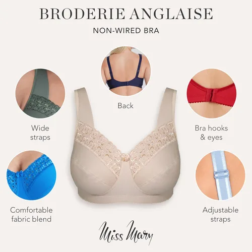 Vista 8 de Miss Mary Broderie - Brasieres anglicanos sin aros para mujer, sujetadores de uso diario, cómodo algodón, apoyo con cobertura completa Rosa