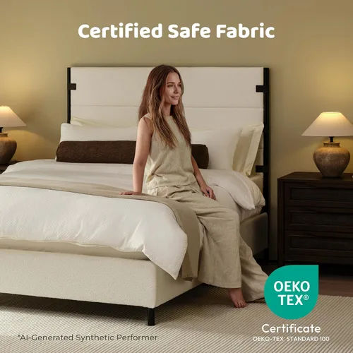 Vista 6 de RECCI Base de cama de plataforma tapizada Queen con cabecero alto con Crema Boucle