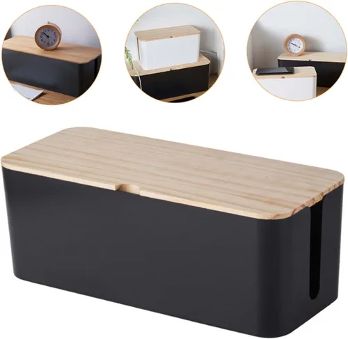 Vista 7 de Cable Storage Box with Natural Wood Lid Medium Black Power Line Organizer Household Wire Storage Case for Charging Cables and Socket Management for