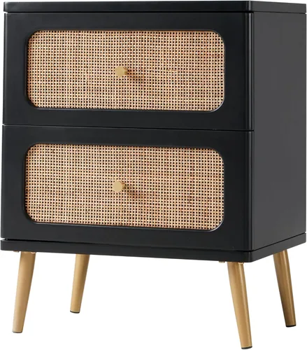 Vista 18 de LONYKE Cómoda de mimbre de ratán, cómoda de 3 cajones, gabinete de almacenamiento de madera con acabado blanco crema, mesa decorativa moderna